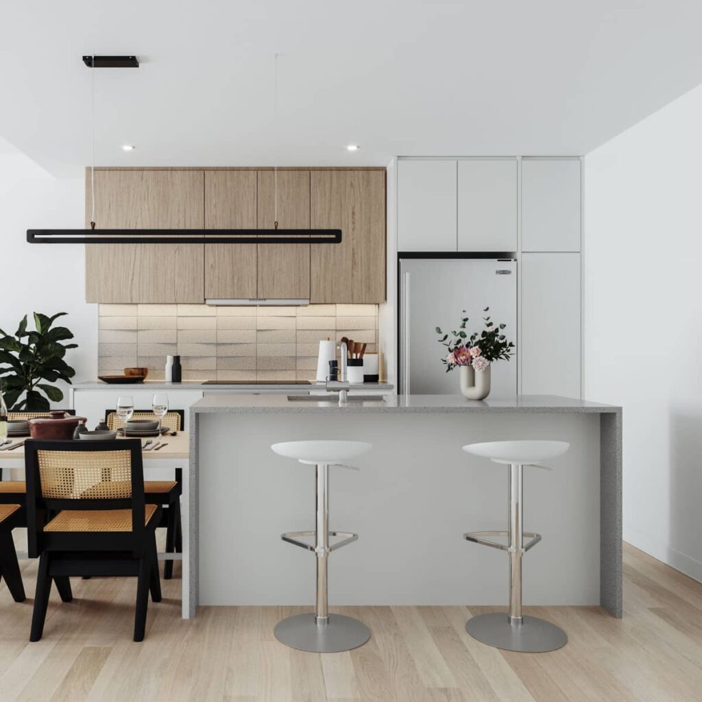 Vue sur la cuisine d’appartement 4 1/2 à louer dans Saint-Laurent, à Montréal