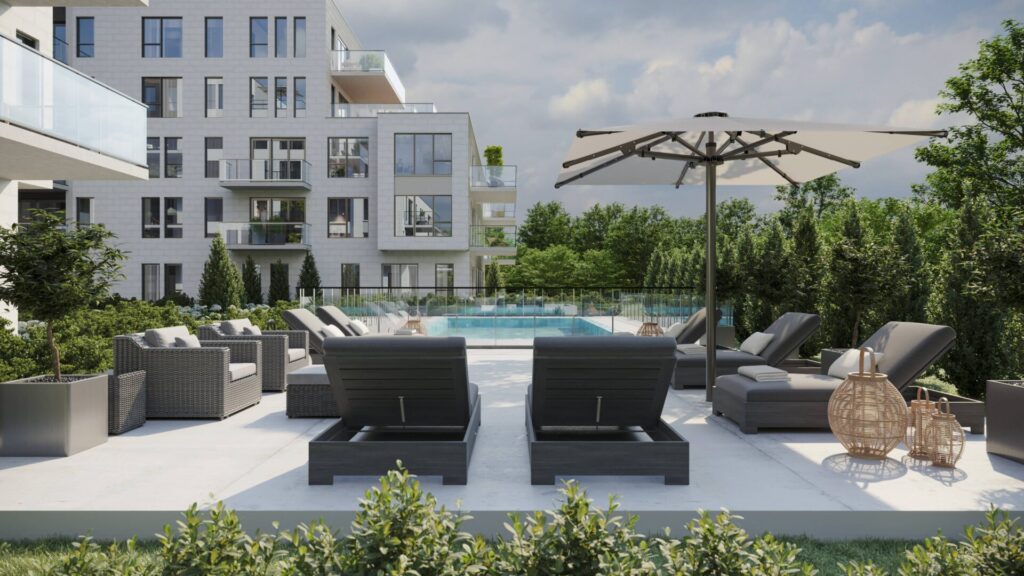 Vue sur la cour intérieure du projet de condos Signature Bois-Franc, à Ville Saint-Laurent, Montréal