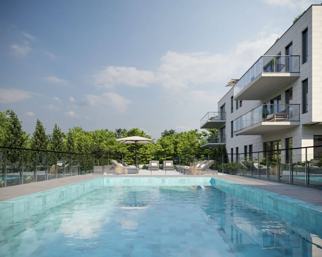 Piscine extérieure du projet de condos locatifs Signature Bois-Franc, à Montréal, dans Saint-Laurent