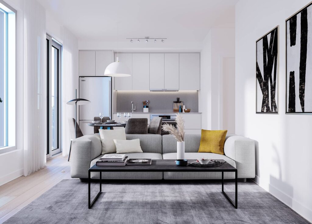 Intérieur d’un condo 5 ½ à louer dans le projet Signature Bois-Franc, à Saint-Laurent, Montréal