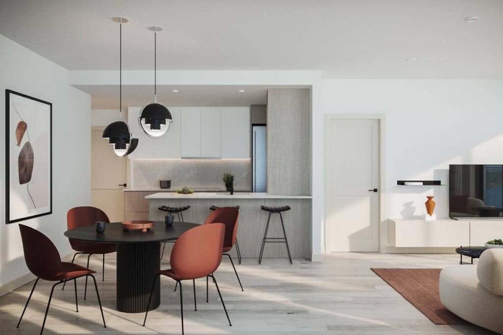 Salle à manger et espace à aire ouverte dans un condo à louer à Saint-Laurent, Montréal, dans le projet Signature Bois-Franc